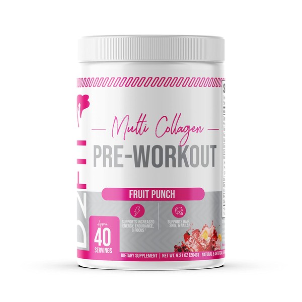D2Fit (by Jessica Bass Women’s Pre Workout Multi Collagen (2.5g) + Biotin (150mcg) - Supports Healthy Hair, Skin & Nails, Supports Increased Energy, Focus & Endurance - Fruit Punch 9.31 Oz (264g)