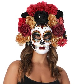 Stylex Day Of The Dead Sugar Skull Face Masks Flower Headband Painted Floral Design Dia de los Muertos (Deluxe)