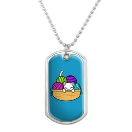 GRAPHICS & MORE Cat In Yarn Basket Military Dog Tag Pendant Necklace with Chain