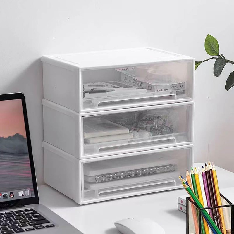 3 White Stackable Office Storage Boxes with Drawers, Stacking Desktop