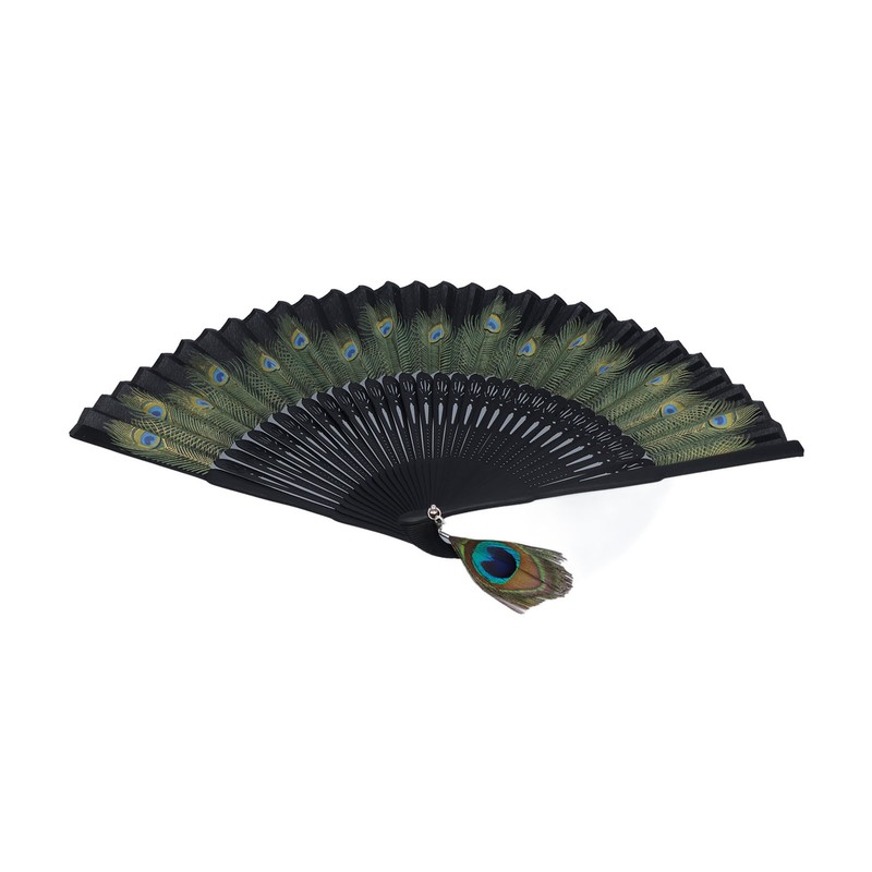 Folding Fan Black Bones Beautiful Peacock Pattern Antique Bamboo Hand