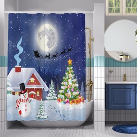 Gaakvrr Christmas Shower Curtain, Winter Season Snowman Xmas Tree Santa Sleigh Moon Present Boxes Snow and Stars, Cloth Fabric Bathroom Decor Set with Hooks 180x180cm