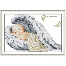 Happy Forever Cross Stitch Kits 11CT Stamped Patterns for Kids and Adults, DIY Preprinted Embroidery kit for Beginner, Angel Baby (K777 Angel Birth Certificate, Size 22''x16'')