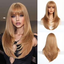 Esmee Long Straight Strawberry Blonde hair Bangs Layered wig for Women Breathable Comfortable Natural Realistic Women Party Wigs Use-24 Inches