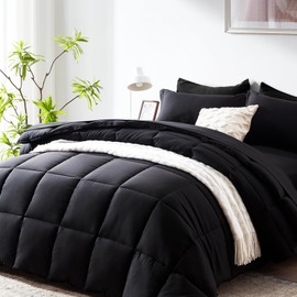 COZYART Full Comforter Set 7 Pcs, Black Bed in a Bag, All Season Lightweight Soft Reversible Bedding Sets, 1 Comforter, 1 Flat Sheet, 1 Fitted Sheet, 2 Pillow Shams, 2 Pillowcases