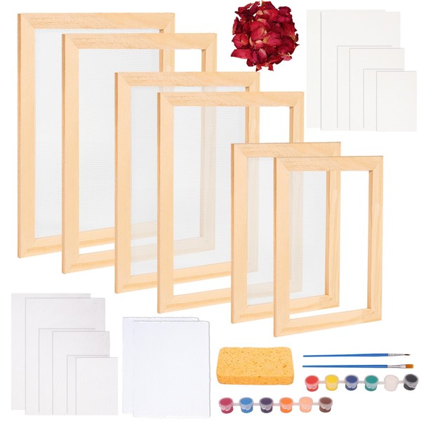 Caydo 3 Pieces Paper Making Kit, Including Paper Making Screen, Mould and Deckle with Mesh, Absorbent Sponge, Dried Flowers and Paints, 5 x 7 Inch, 7.4 x 9.8 Inch, 9.7 x 13.4 Inch (A4, A5, A6)