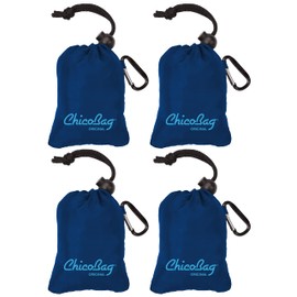 Chicobag Original Compact Reusable Grocery Bag with Attached Pouch and Carabiner Clip- 4 Pack Blue
