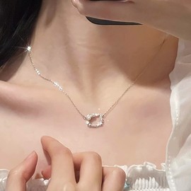 TseenYi Cat Head Necklace Silver Crystal Cat Pendant Necklace Pearl Bow Pendant Necklace Tiny Cat Animals Necklace Sparkling cz Choker Necklace Chain Jewelry for Women and Girls Gifts