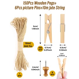 Furuising 150PCS Mini Wooden Pegs, 3cm Natural Small Photo Pegs,Small Pegs for Hanging Photos,Wooden Pegs Craft with 10M Jute String for Photo Wall Display,Craft,Weddings & Party