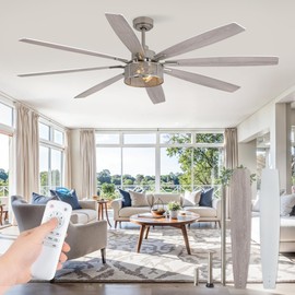 Farmhouse Ceiling Fans with Lights and Remote, 72 Inch Brushed Nickel Industrial Caged Ceiling Fans for Bedroom Living Room Kitchen, 6 Speed Reversible Quiet DC Motor, Dual Finish 8 Blades