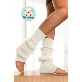 NITESHEYS Lambswool Winter Ribbed Leg Warmers Natural Wool Footless Long Socks For Women, Eqru, One Size