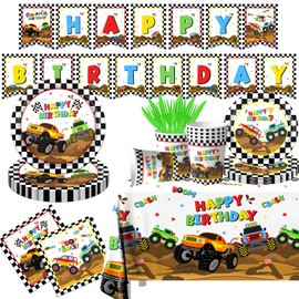 Dydamud Monster Truck Party Supplies,Monster Machine Happy Birthday Checkered Tableware Sets Include Monster Trucks Theme Party Paper Plate Napkins for Monster Truck Birthday Party Decorations