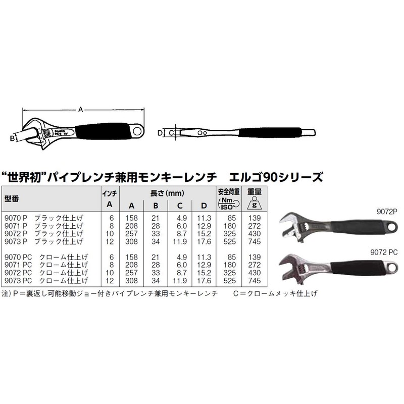 Bahco 9073P Black Ergonomic Adjustable Wrench Reversible Jaw 300Mm (12In)
