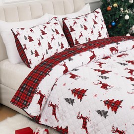 FRAMICS 3 Pieces Christmas Quilt Set Queen Size Reversible Reindeer Christmas Tree Quilt with 2 Pillow Shams Red Check Snowflake Christmas Bedding Set, 90" x 90"