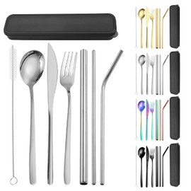 AMZYYDS juego de cubiertos portatil,cubiertos portatiles acero inoxidable,304cubiertos portatiles,7 Piezas en 1,cubiertosde acero inoxidable portatil,Juego de Cubiertos Dorados (plateado)