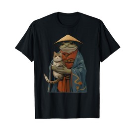 Japanese Woodblock Art: Frog is holding a cat in a kimono T-Shirt for Men Women Kids