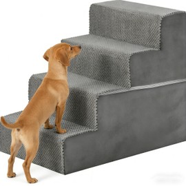Simple Deluxe Dog Stairs for Small Dogs, 4-Step Dog Step for Puppy, Older Cat, Medium Pet Ramp for Sofa, Couch or Chair, Indoor Non-Slip Pet Ladder with High Density Foam, Gray