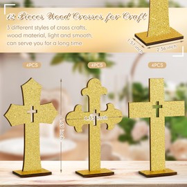 Wesiti 24 Pcs Baptism Centerpieces for Tables 12 Wood Crosses 12 Metal Floral Hoop Centerpiece with Stand Wooden Cross for Baptism Party Wedding Craft(Gold,Novel)
