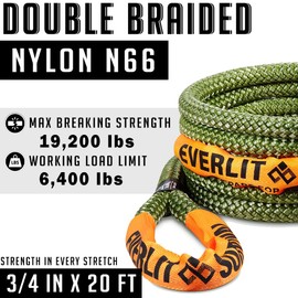 Everlit Survival Kinetic Recovery Rope 3/4" X 20 Ft with 2 Pack Soft Shackles Nylon Tow Rope with Breaking Strength 19,200 Lbs, Offroad Rope for Jeep UTV ATV Car Truck 30% More Stretch Than Strap…