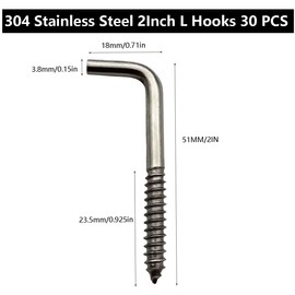 IDEALSV 304 Stainless Steel Screw in Hooks 2 Inch 7 Shape Screw Hooks 30 Pcs L Shape Hook Picture Frame Hooks M3.8