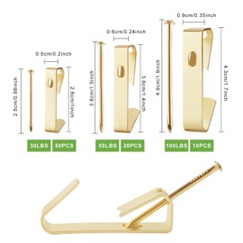 Picture Hangers,Picture Hanging Kit, COOLOGIN Heavy Duty Picture Hooks with Nails and Hardware for Wall Mounting Picture Frame, Canvas, Mirror Hanging, Holds 10-100 lbs,Golden (160pcs)