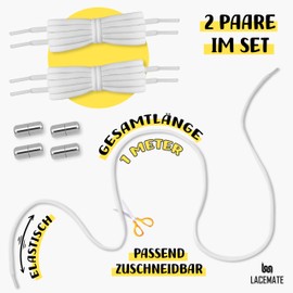 LaceMate Shoelaces – 2 Pairs Elastic No Tie Shoelaces for Casual Shoes and Trainers Also as Replacement, White