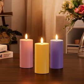 Simplelight Set of 3 Outdoor Waterproof Flameless LED Pillar Candles - 6" Battery Operated Candles with Timer, Pink, Lavender, Yellow Faux Candles (Pink, Lavender, Yellow Color)