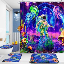 Alishomtll 4 Pcs Blacklight Astronaut Kids Shower Curtain Sets with Rugs, Cool UV Reactive Mushroom Bathroom Set with Shower Curtain and Rugs, Space Galaxy Bathroom Sets Decor for Boys