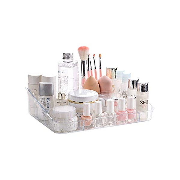 SUNFICON Makeup Organiser Tray Cosmetic Display Case Office Stationery Storage Holder Countertop Storage Unit Makeup Box for Bathroom Drawers,Vanities Office Desk,Washable Crystal Clear Acrylic