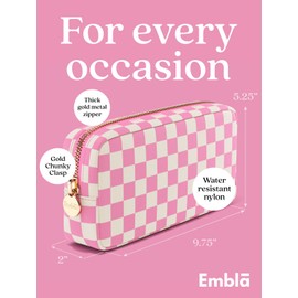 Embla Makeup Bag Travel Cosmetic Bag, Toiletry Bag, Cute Makeup Organizer, Nylon Zipper Pouch Purse Storage Bag Cosmetics Organizer, Womens Make Up Bag Small Makeup Bags (Flamingo Checkered)