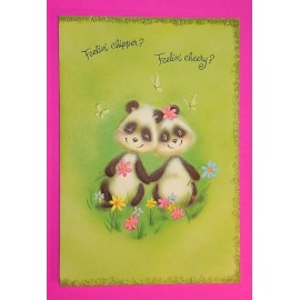 Vintage Get Well 2 Panda Bears W/Flowers Unused Embossed Mint Card & Envelope