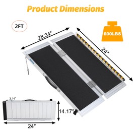 2 FT Portable Wheelchair Ramp, Wheel Chair Ramps for Homes with Transition Plate, Aluminum Wheelchair Ramp with Non-Skid Surface and Reflective Strips, Weight Capacity Up to 600 Lbs