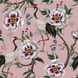 VEELIKE Dusty Pink Floral Wallpaper Peel and Stick Vintage Crane Bird Wallpaper for Bedroom Living Room 17.7''x118'' Pink Chinoiserie Wallpaper Prepasted Removable Pink Contact Paper for Accent Wall