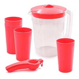 Torosqui Jarra de Agua con Asa y Tapa de Seguridad – Libre de BPA, Incluye 4 Vasos y Exprimidor para Limones, Plástico Resistente de 4 Litros, Ideal para Cocina y Hogar (Rojo)