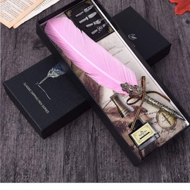Antique Feather Dip Pen Set | Retro Feather Pen Calligraphy Pen Set Feather Writing Quill Ink Dip Pen For Holiday Friend Birthday Gift Ink Included (Pink)