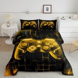 Manfei Kids Gamer Comforter Set Full Size, Black Gold Grid Game Console Down Comforter, Video Gaming Bedding Set for Boys Teens Bedroom Decor, Reversible Gamepad Duvet Insert, 2 Pillowcases