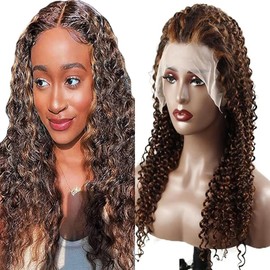 Lakaisa Curly Wave Glueless Human Hair Wig Real Hair Wig Grade 8 A 100% Brazilian Real Hair 13 x 1 HD Lace 180% Density with Baby Hair P430 Highlight Colour for Women No Smell 24 Inches / 61 cm