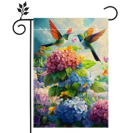 Hummingbirds Hydrangeas Garden Flag Spring Summer Colorful Floral Flowers Welcome Garden Flag for Outside, Double Sided Burlap Farmhouse Lawn Yard Flag Outdoor Decorations 12x18 Inch（Only Garden Flag）