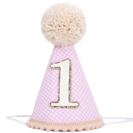 Agvgaza Classic Plaid 1st Birthday Hat - First Party Cone Hat, One Birthday Decoration Photo Props (Pale Pink)
