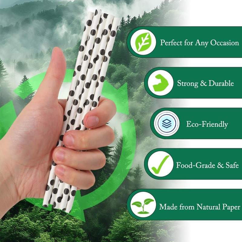 200PCS Black Polka Dot Paper Straws, Eco-Friendly Biodegradable Paper Drinking