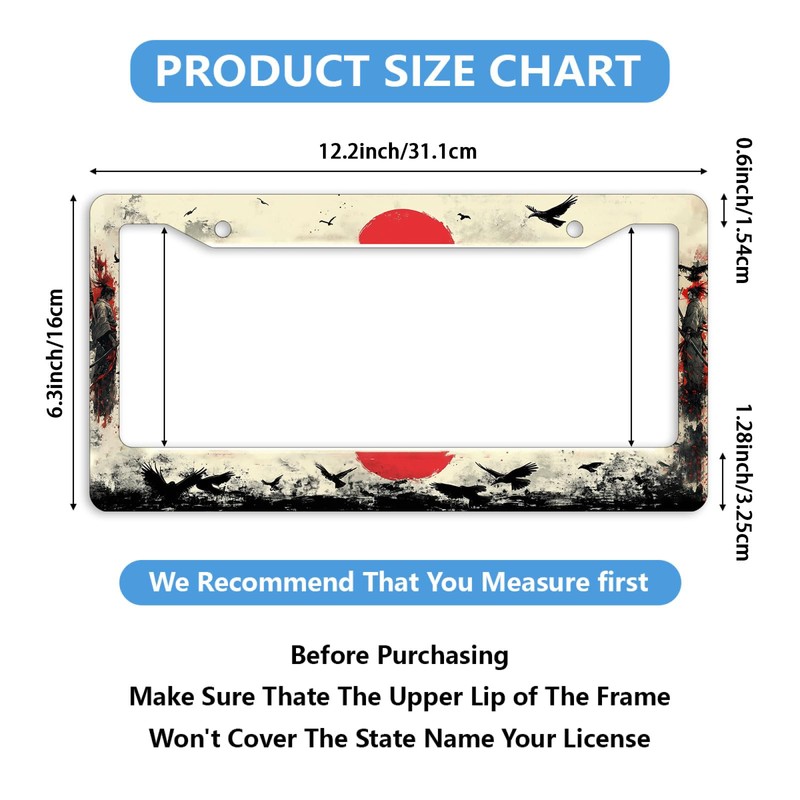 2PCS Japanese Samurai License Plate Frame Sunset Crow Red Sun