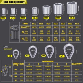 Twidec/340PCS 304 Stainless Steel Wire Rope Cable Thimbles and Aluminum Crimping Loop Sleeve 3/64"-3/16" for Wire Rope Cable Thimbles Rigging Assortment Kit N-071-340PCS