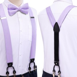 Hi-Tie Mens Y-shape Suspender Bowtie Set Adjustable Strong Brace 6 Metal Clips for Wedding Business Party,Light Purple