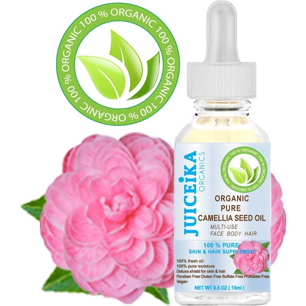 100% PURE ORGANIC CAMELLIA SEED OIL 100% PURE & REFINED- COLD PRESSED. 100% Pure Moisture for FACE, BODY, HANDS, FEET, MASSAGE, NAILS & HAIR and LIP CARE. (0.5 Fl. oz. - 15 ml.)