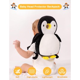 JunNeng Baby Head Protector Backpack, Toddler Walking Fall Head Protection, White Black Penguin