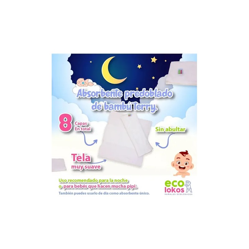 Absorbente Nocturno 8 Capas Bambu Terry Para Pañal Ecologico