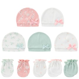 MAMIMAKA Newborn Baby Hats Mittens Set Cotton Beanie Caps and No Scratch Mitten Gloves for Baby Boy Girl, 0-6 Months