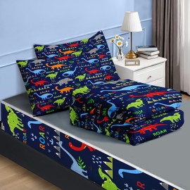 Nesker Zipper Bedding Twin Cartoon Dinosaur Zip Up Bedding Set for Boys and Kids, Wildlife Animal 3 Pcs Comforter Bed in a Bag with Fitted Sheet and 2 Pcs Pillowcases