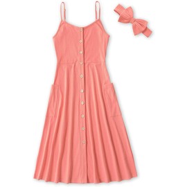 IFFEI Mommy and Me Dresses Matching Set Solid Front Button Family Matching Sleeveless Dresses with Headband and Pockets 9-12M Cora