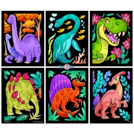 Dinosaurs - 6 Pack of Fuzzy Velvet Coloring Posters for Kids, Toddlers, Girls, and Boys (All Ages Arts and Crafts Activity) - Includes T-Rex, Stegosaurus - Perfect for Vacation Travel or Plane